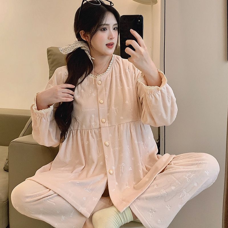 Trudnička pidžama set za dojenje s čipkom, okrugli dekolte, Derong 100% poliester, dugi rukavi, hlače, jesen-zima 2025