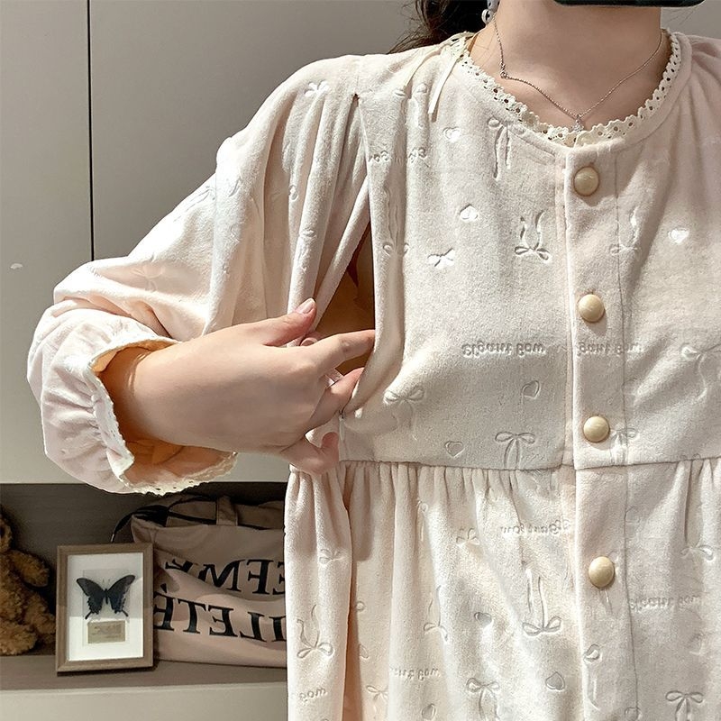 Trudnička pidžama set za dojenje s čipkom, okrugli dekolte, Derong 100% poliester, dugi rukavi, hlače, jesen-zima 2025