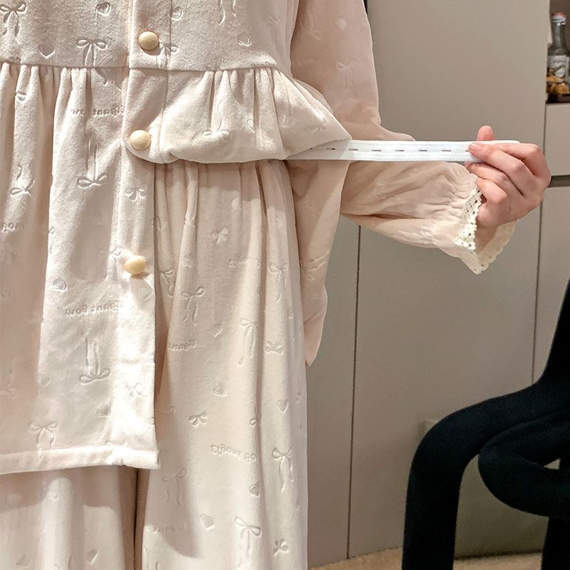 Trudnička pidžama set za dojenje s čipkom, okrugli dekolte, Derong 100% poliester, dugi rukavi, hlače, jesen-zima 2025