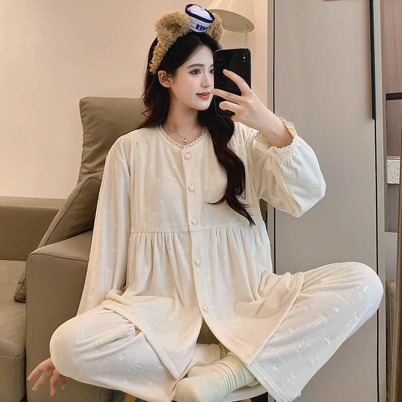 Trudnička pidžama set za dojenje s čipkom, okrugli dekolte, Derong 100% poliester, dugi rukavi, hlače, jesen-zima 2025