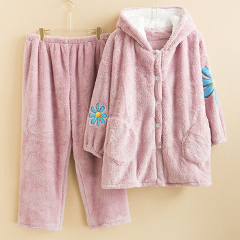 Пижамен комплект за дома с качулка от плюшена материя, топъл и удобен, дълги ръкави и панталони, есенно-зимен комфорт