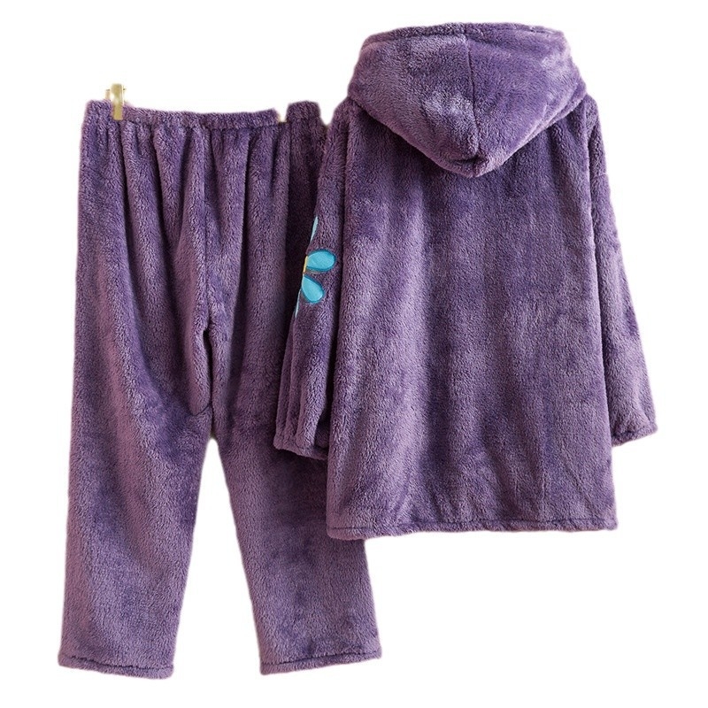 Пижамен комплект за дома с качулка от плюшена материя, топъл и удобен, дълги ръкави и панталони, есенно-зимен комфорт