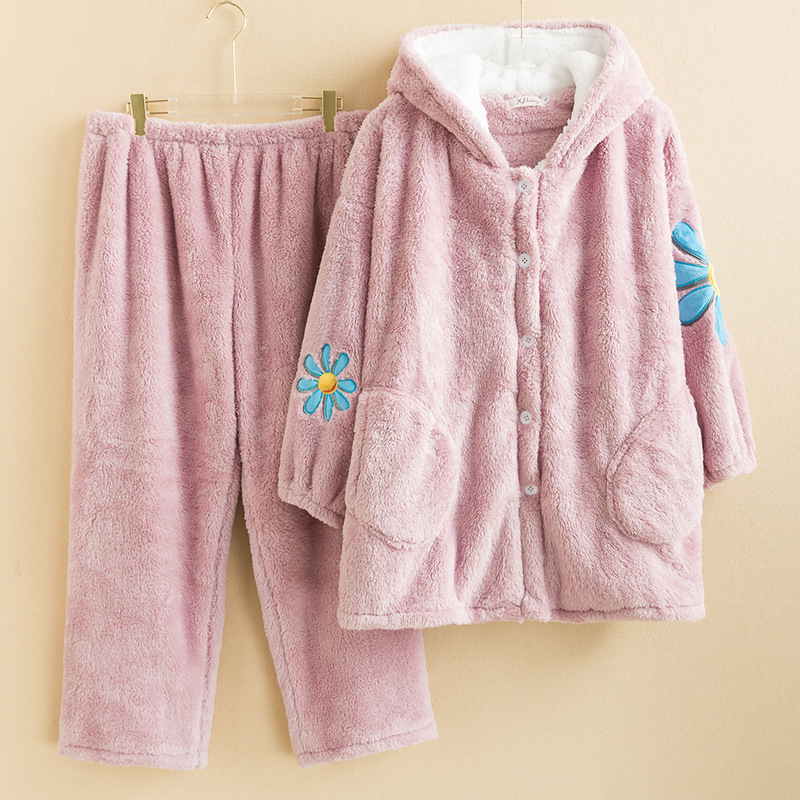 Пижамен комплект за дома с качулка от плюшена материя, топъл и удобен, дълги ръкави и панталони, есенно-зимен комфорт