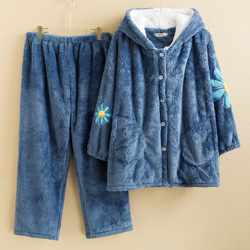 Пижамен комплект за дома с качулка от плюшена материя, топъл и удобен, дълги ръкави и панталони, есенно-зимен комфорт