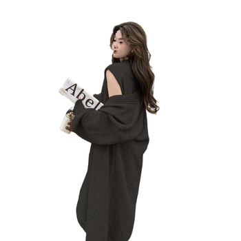 Бременна плетена двучастна рокля и топ комплект за есен-зима, свободна кройка, дълги ръкави, мини пола