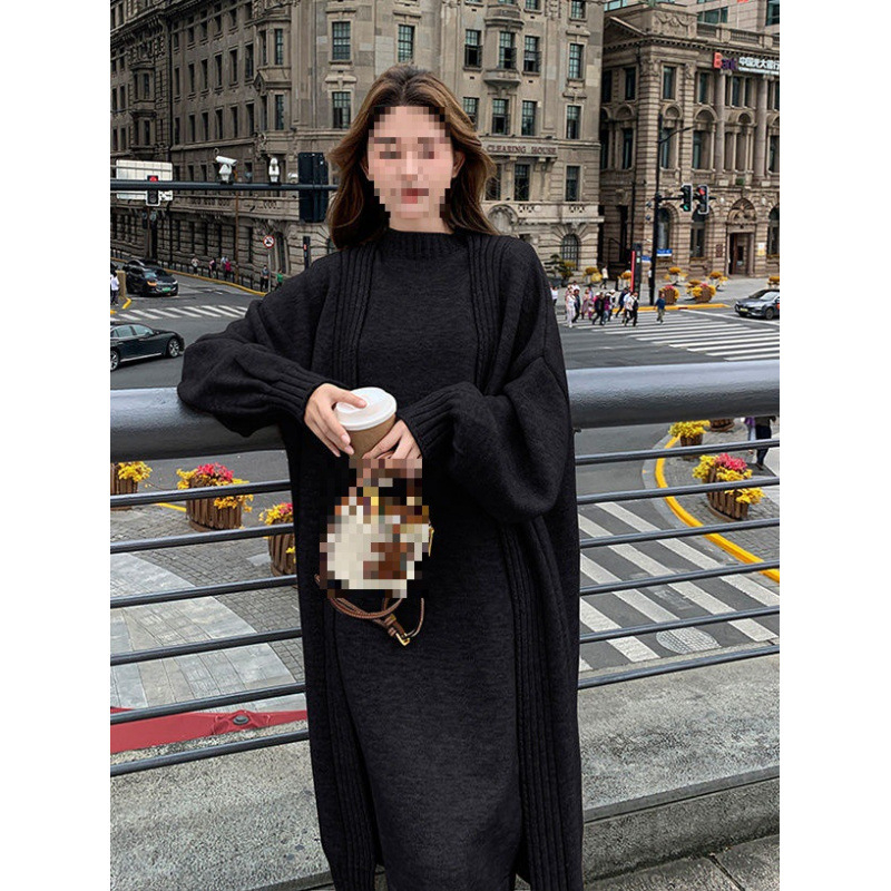 Бременна плетена двучастна рокля и топ комплект за есен-зима, свободна кройка, дълги ръкави, мини пола