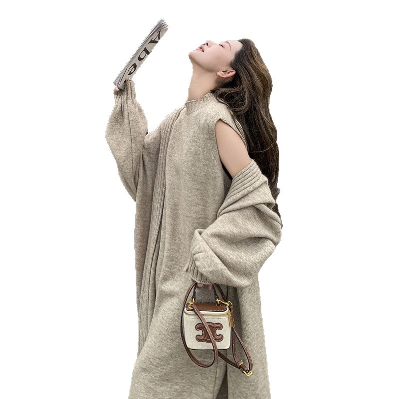 Бременна плетена двучастна рокля и топ комплект за есен-зима, свободна кройка, дълги ръкави, мини пола