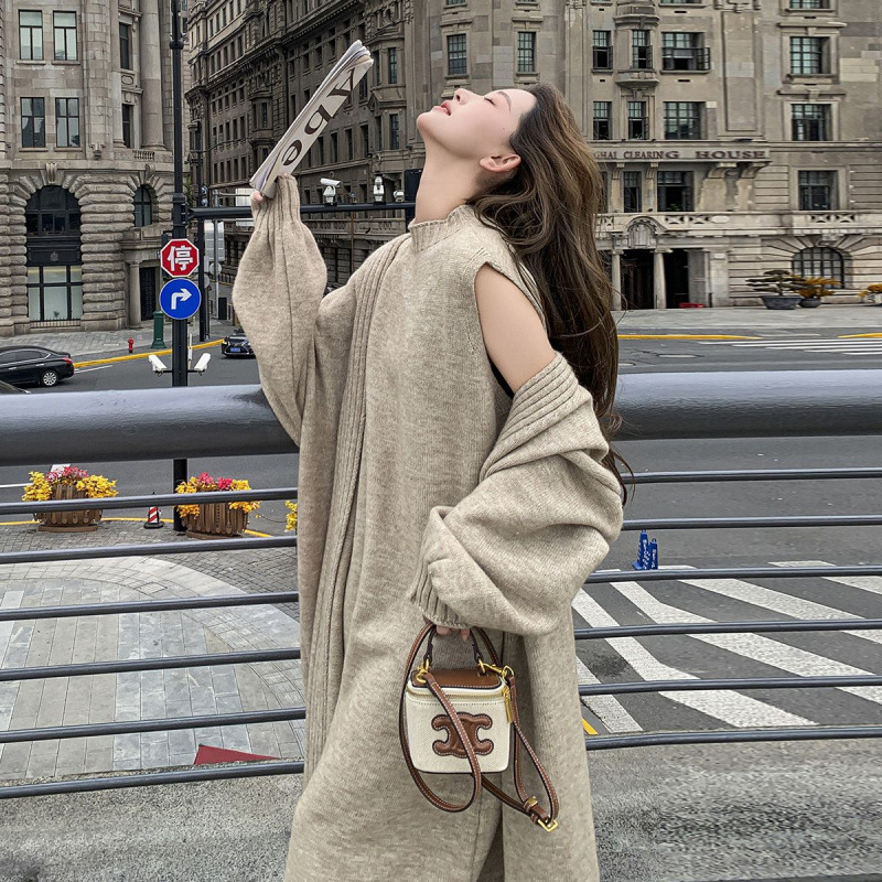 Бременна плетена двучастна рокля и топ комплект за есен-зима, свободна кройка, дълги ръкави, мини пола