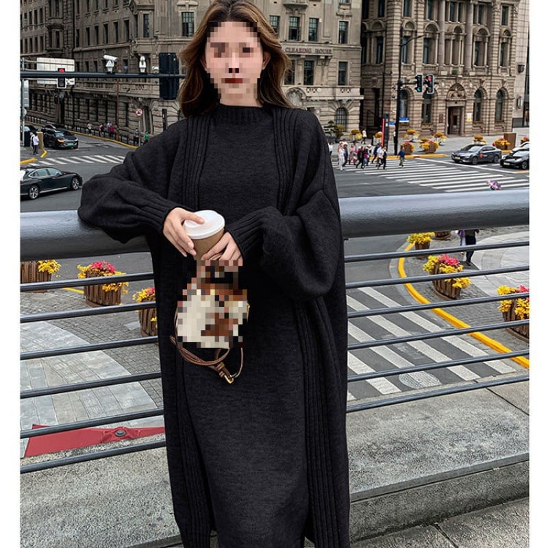 Бременна плетена двучастна рокля и топ комплект за есен-зима, свободна кройка, дълги ръкави, мини пола