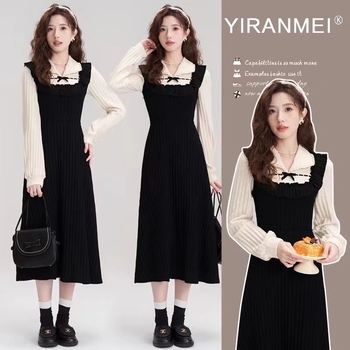 Рокля за кърмене с откриващ достъп, силует русалка, листовидни ръкави, средна дължина, плетена рокля от качествена прежда