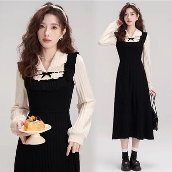 Рокля за кърмене с откриващ достъп, силует русалка, листовидни ръкави, средна дължина, плетена рокля от качествена прежда