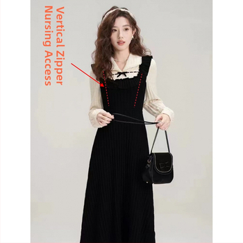 Рокля за кърмене с откриващ достъп, силует русалка, листовидни ръкави, средна дължина, плетена рокля от качествена прежда