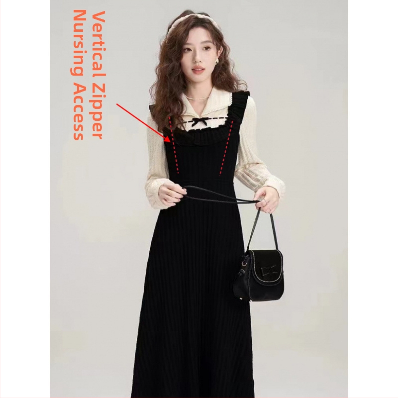 Рокля за кърмене с откриващ достъп, силует русалка, листовидни ръкави, средна дължина, плетена рокля от качествена прежда