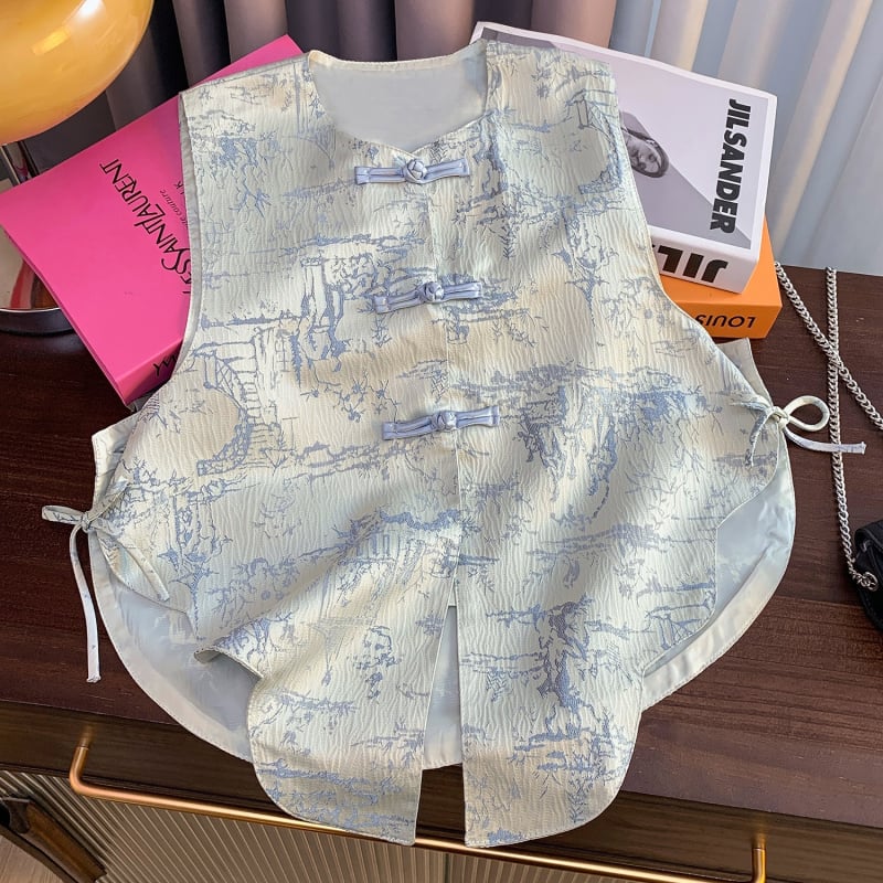 Nothing сатинова жилетка в китайски стил за жени, U-образно деколте, с копчета в един ред, кардиган стил