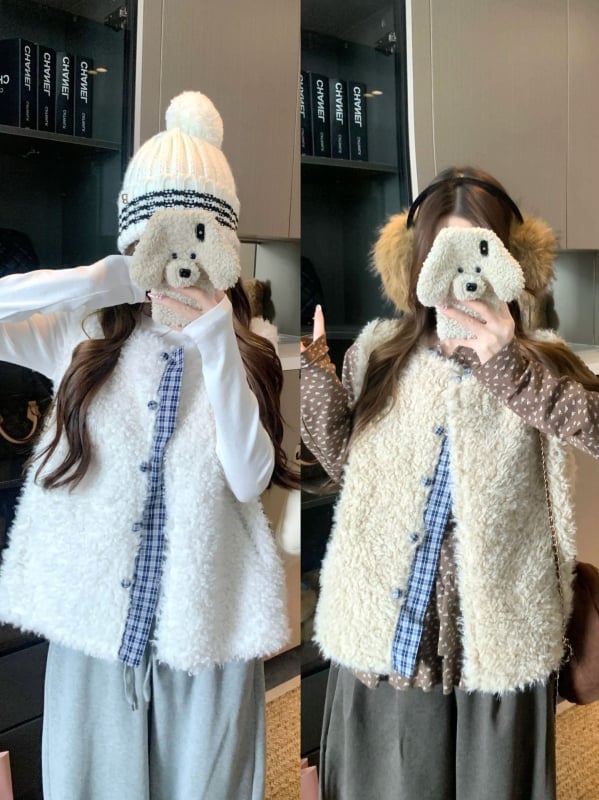 Дамска жилетка-кардиган в корейски стил с каре шарка, полиестер 95%+, Зима 2025, свободен силует