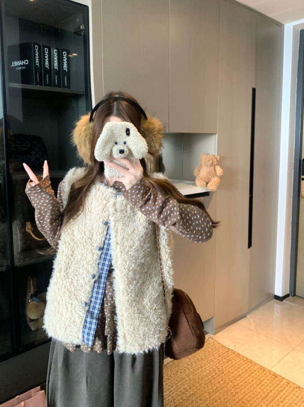 Дамска жилетка-кардиган в корейски стил с каре шарка, полиестер 95%+, Зима 2025, свободен силует