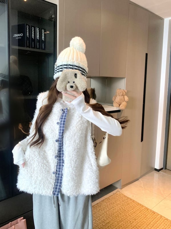 Дамска жилетка-кардиган в корейски стил с каре шарка, полиестер 95%+, Зима 2025, свободен силует