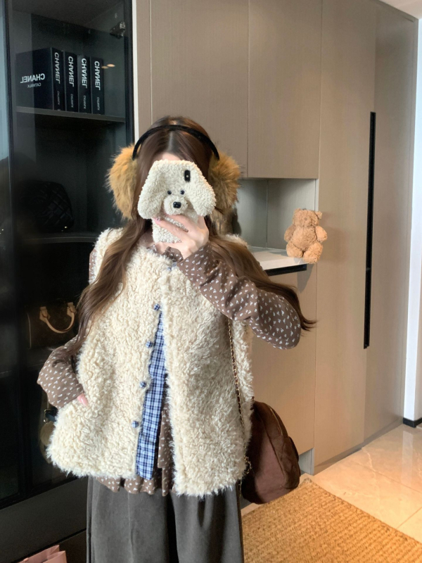 Дамска жилетка-кардиган в корейски стил с каре шарка, полиестер 95%+, Зима 2025, свободен силует