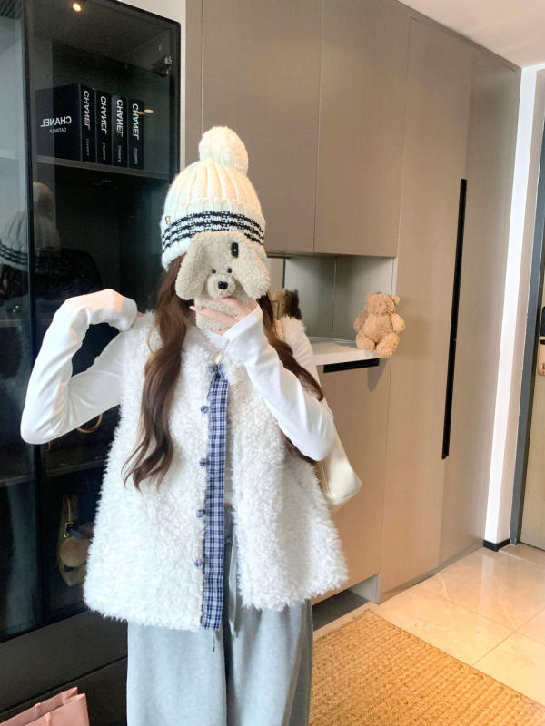 Дамска жилетка-кардиган в корейски стил с каре шарка, полиестер 95%+, Зима 2025, свободен силует