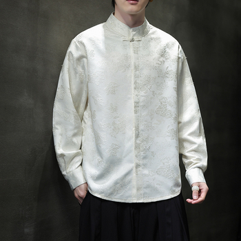Muška košulja s jacquardom i floralnim uzorkom, stojeći ovratnik, dugu rukavu, slobodan kroj, smjesa poliester, jesen 2025