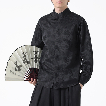 Muška košulja s jacquardom i floralnim uzorkom, stojeći ovratnik, dugu rukavu, slobodan kroj, smjesa poliester, jesen 2025