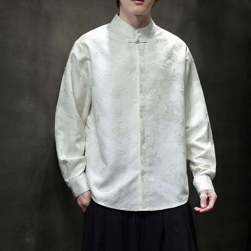 Muška košulja s jacquardom i floralnim uzorkom, stojeći ovratnik, dugu rukavu, slobodan kroj, smjesa poliester, jesen 2025