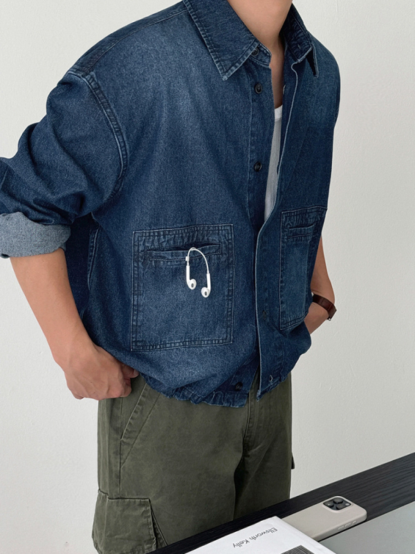 Prane denimska košulja s dugim rukavima za muškarce, slobodan kroj, korejski stil kardigan, ovratnik s reverom i džepovi, 75% pamuk, 25% poliester