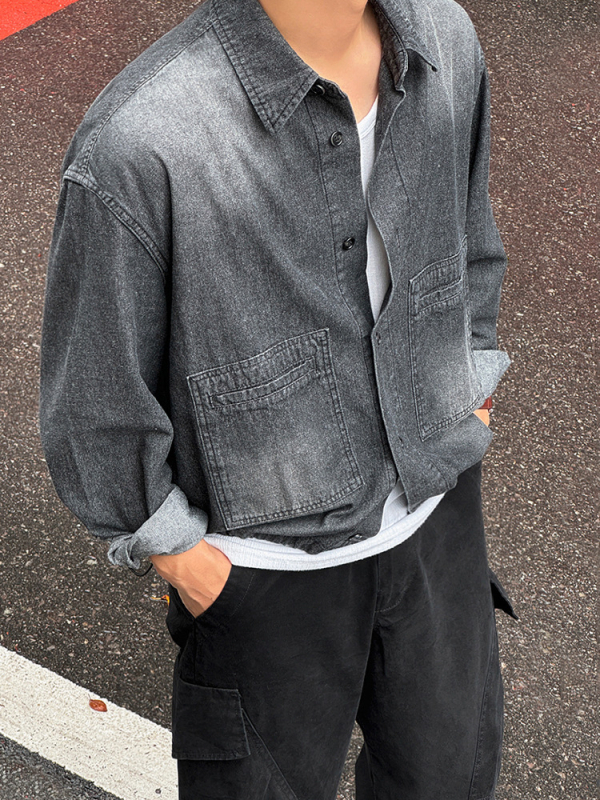 Prane denimska košulja s dugim rukavima za muškarce, slobodan kroj, korejski stil kardigan, ovratnik s reverom i džepovi, 75% pamuk, 25% poliester