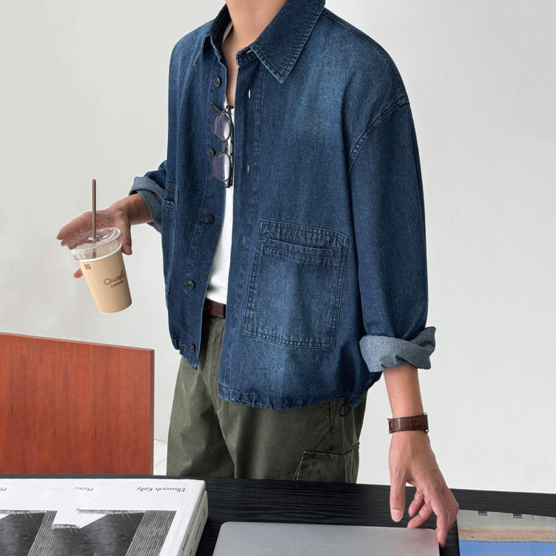 Prane denimska košulja s dugim rukavima za muškarce, slobodan kroj, korejski stil kardigan, ovratnik s reverom i džepovi, 75% pamuk, 25% poliester