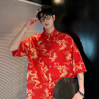 Muška košulja u kineskom Tang stilu, reverni ovratnik, slobodan kroj, poliester, uzorak s raspuklim cvijećem, pola rukava