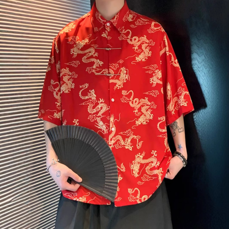 Muška košulja u kineskom Tang stilu, reverni ovratnik, slobodan kroj, poliester, uzorak s raspuklim cvijećem, pola rukava