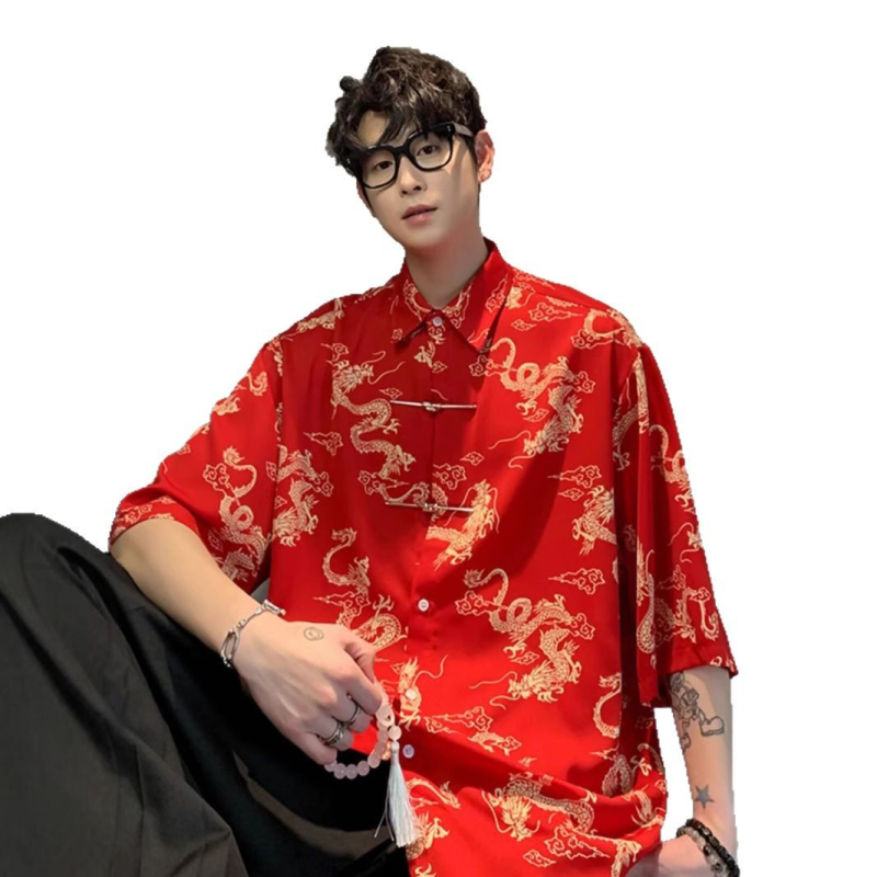 Muška košulja u kineskom Tang stilu, reverni ovratnik, slobodan kroj, poliester, uzorak s raspuklim cvijećem, pola rukava