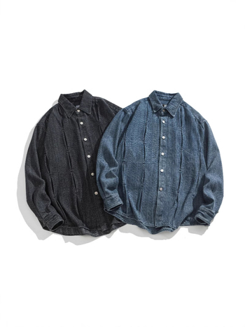 Džins košulja slobodnog kroja, japanski retro stil, rever ovratnik, dugi rukavi, tkanina od pamukovo-mješavine 71–80% pamuka