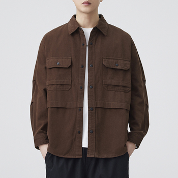 Pamuk košulja-kardigan, dugi rukavi, kvadratni ovratnik, slobodan kroj, detalji džepa, jesen 2025