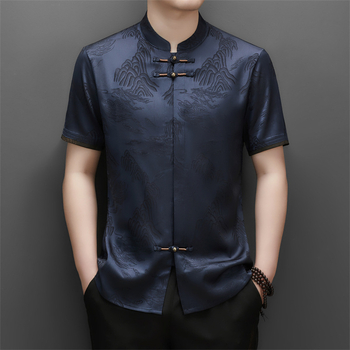 Muška ljetna košulja – Tang stil kineski stojeći ovratnik, kratki rukav, cvjetni uzorak, slobodan kroj, mješavina poliester