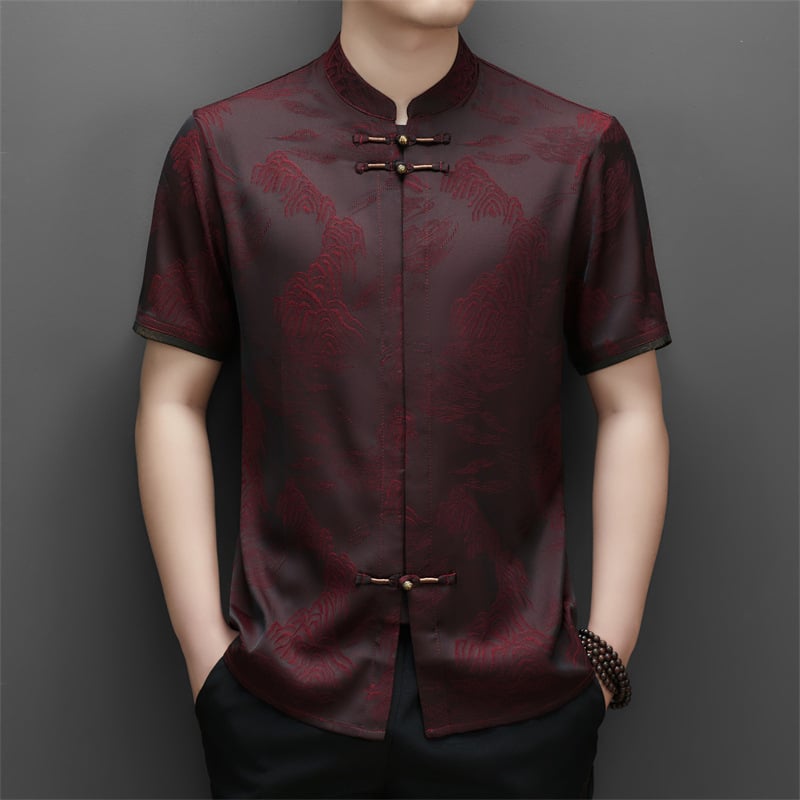 Muška ljetna košulja – Tang stil kineski stojeći ovratnik, kratki rukav, cvjetni uzorak, slobodan kroj, mješavina poliester