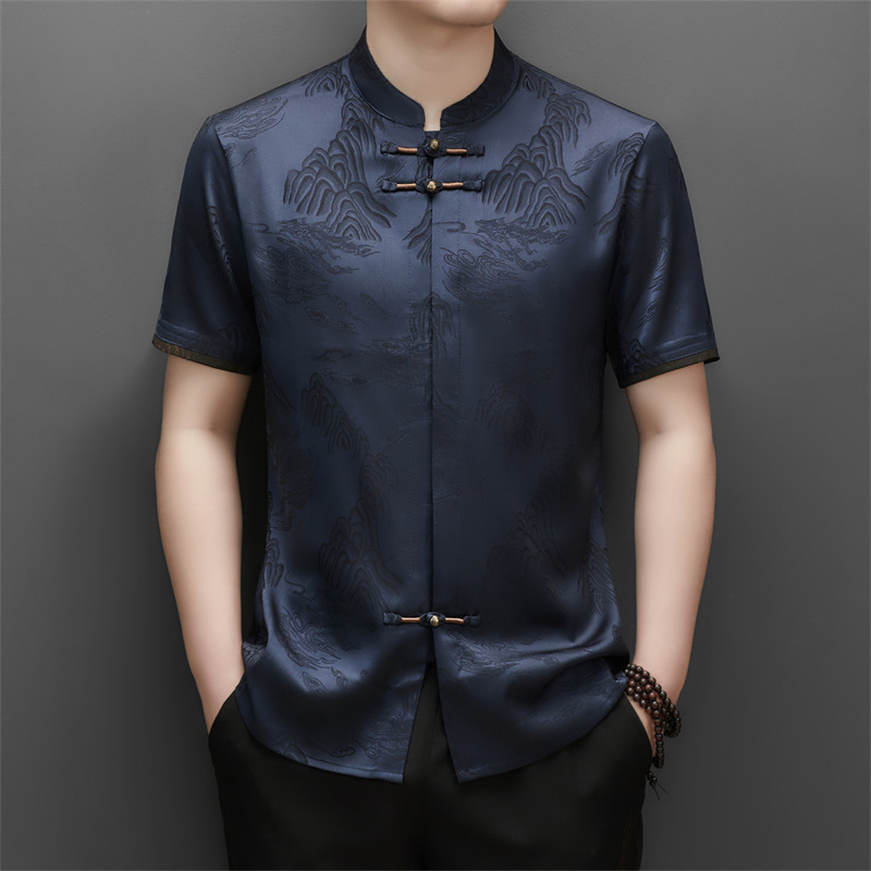 Muška ljetna košulja – Tang stil kineski stojeći ovratnik, kratki rukav, cvjetni uzorak, slobodan kroj, mješavina poliester