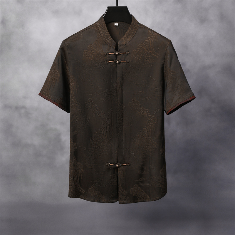 Muška ljetna košulja – Tang stil kineski stojeći ovratnik, kratki rukav, cvjetni uzorak, slobodan kroj, mješavina poliester