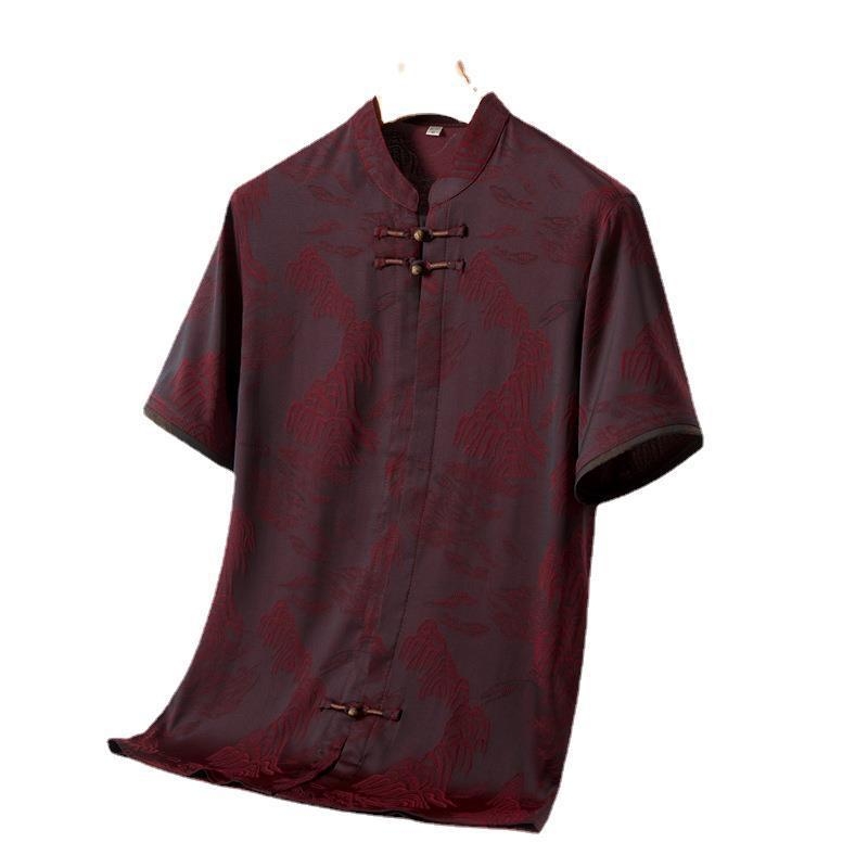Muška ljetna košulja – Tang stil kineski stojeći ovratnik, kratki rukav, cvjetni uzorak, slobodan kroj, mješavina poliester