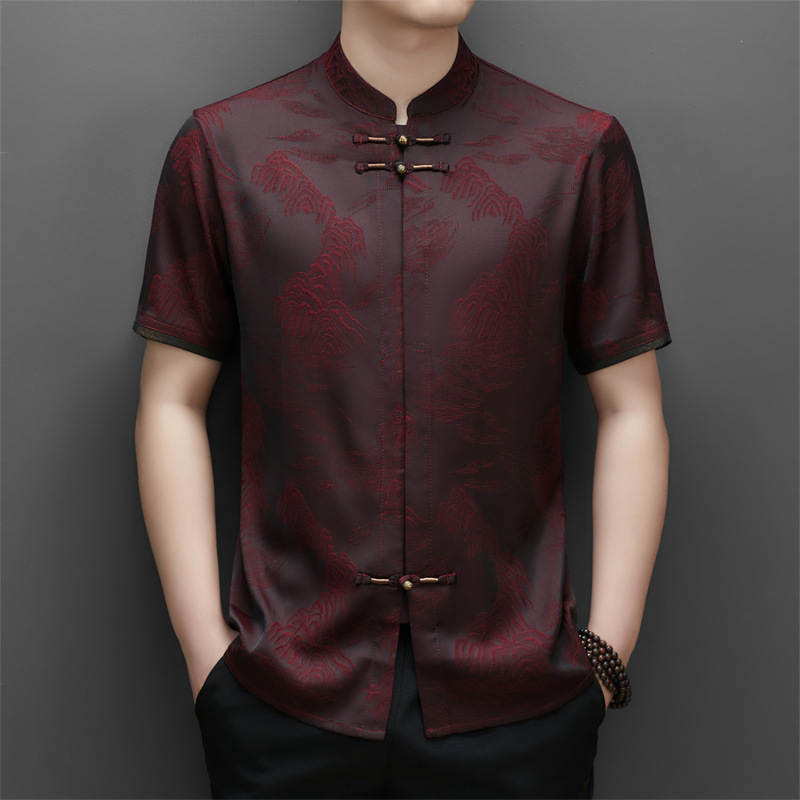 Muška ljetna košulja – Tang stil kineski stojeći ovratnik, kratki rukav, cvjetni uzorak, slobodan kroj, mješavina poliester