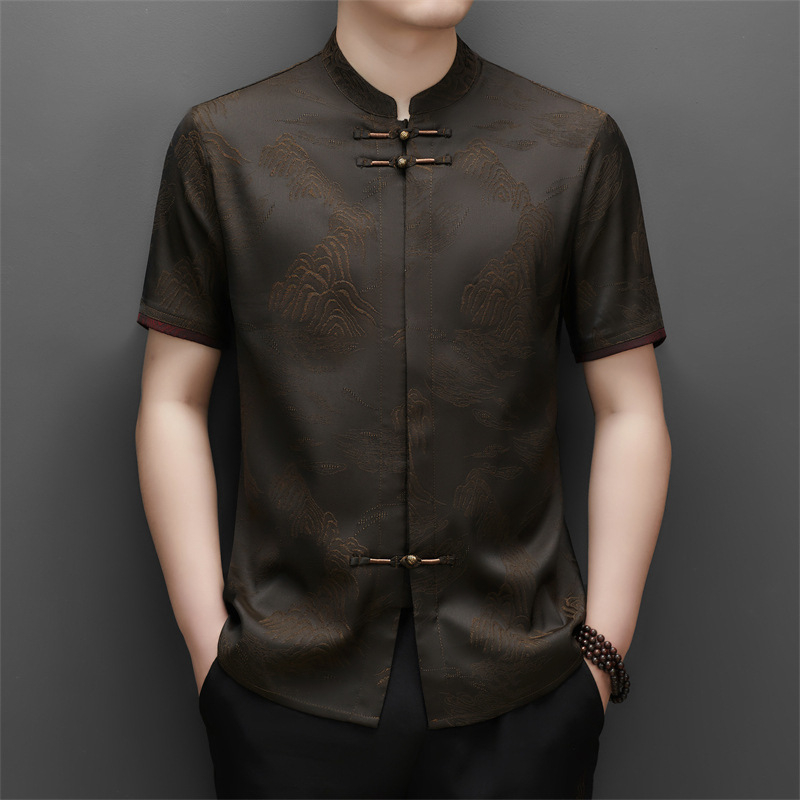 Muška ljetna košulja – Tang stil kineski stojeći ovratnik, kratki rukav, cvjetni uzorak, slobodan kroj, mješavina poliester
