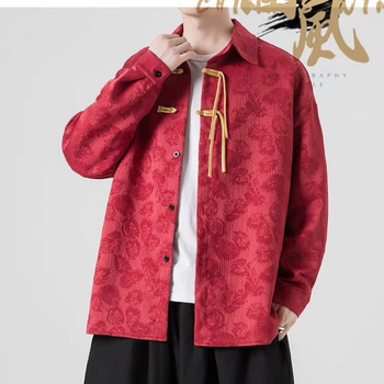 Muška košulja-jakna u kineskom stilu, apstraktan uzorak, Modal tkanina, stojeći ovratnik, 3/4 rukavi, A-linijski kroj