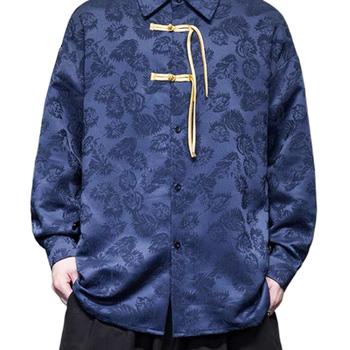Muška košulja-jakna u kineskom stilu, apstraktan uzorak, Modal tkanina, stojeći ovratnik, 3/4 rukavi, A-linijski kroj