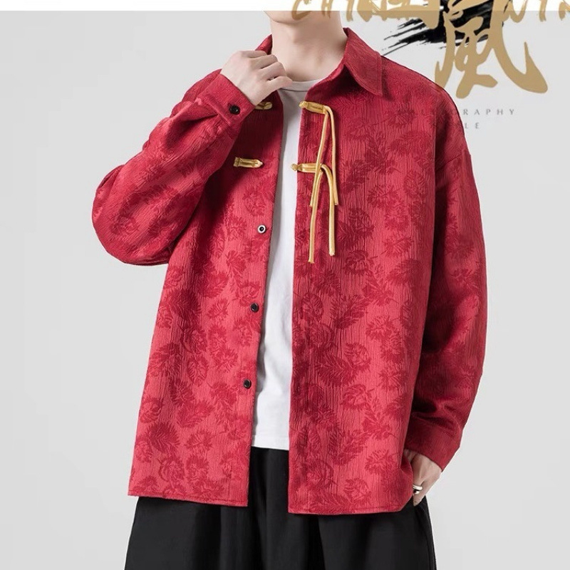 Muška košulja-jakna u kineskom stilu, apstraktan uzorak, Modal tkanina, stojeći ovratnik, 3/4 rukavi, A-linijski kroj
