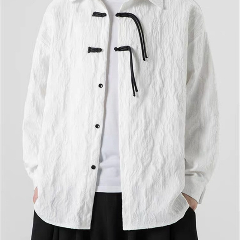 Muška košulja-jakna u kineskom stilu, apstraktan uzorak, Modal tkanina, stojeći ovratnik, 3/4 rukavi, A-linijski kroj