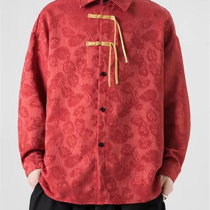 Muška košulja-jakna u kineskom stilu, apstraktan uzorak, Modal tkanina, stojeći ovratnik, 3/4 rukavi, A-linijski kroj