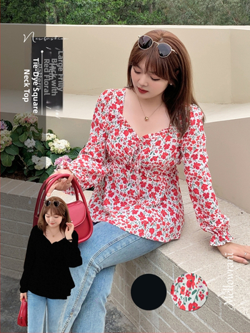 Bluză de damă cu imprimeu floral, țesătură fină din in cu elastan, guler pătrat, mâneci lungi bufante, croială slim