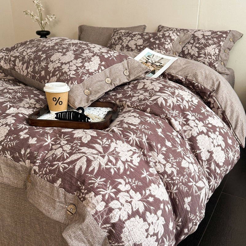 Laneni četverodjelni set navlaka za pokrivač s floralnim uzorkom, satenska tkanina s vlaknastim bojama, 2000–2500 g