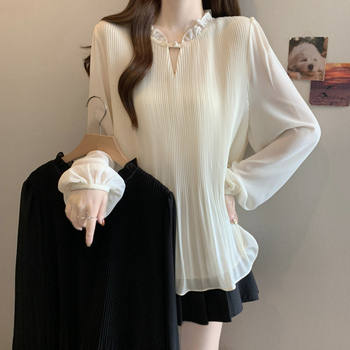 Bluza din chiffon cu guler rotund, mătase Mulberry 70–80% și spandex 20–30%, mâneci lungi