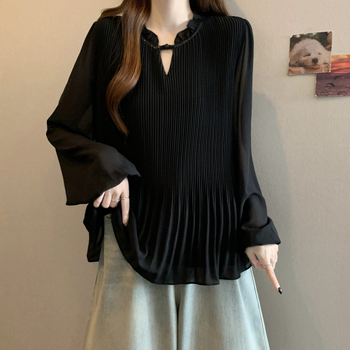 Bluza din chiffon cu guler rotund, mătase Mulberry 70–80% și spandex 20–30%, mâneci lungi